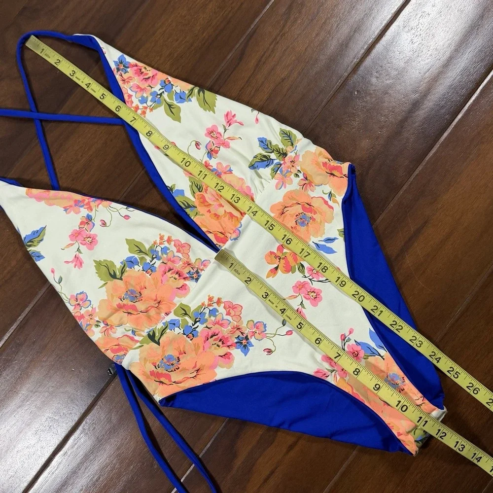 Maaji Size Medium Blue Floral Reversible Tie Safari One Piece Swimsuit